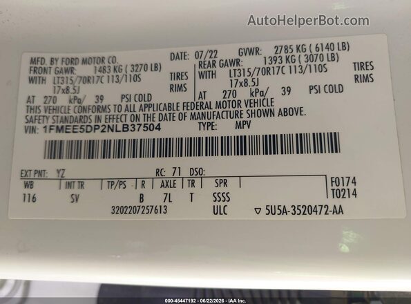 1FMEE5DP2NLB37504 2022 FORD BRONCO Белый Вид подкапотного пространства