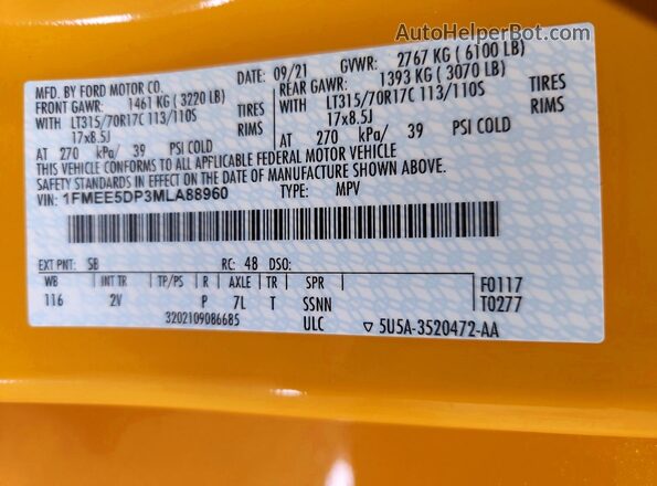 1FMEE5DP3MLA88960 2021 FORD BRONCO Gold VIN կոդի պիտակի տեսք