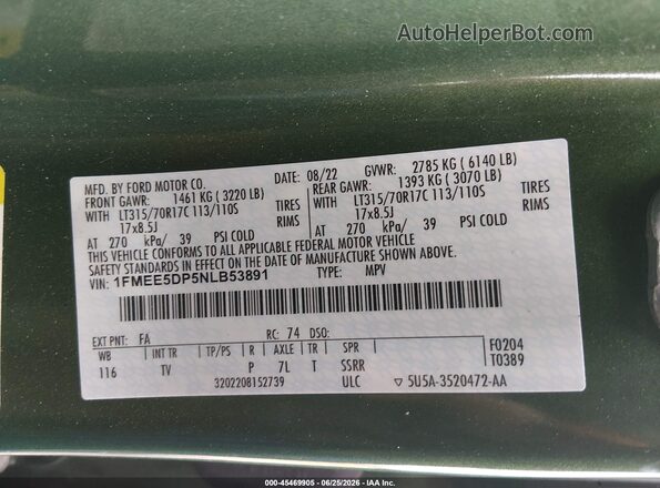 1FMEE5DP5NLB53891 2022 FORD BRONCO Зеленый Вид подкапотного пространства