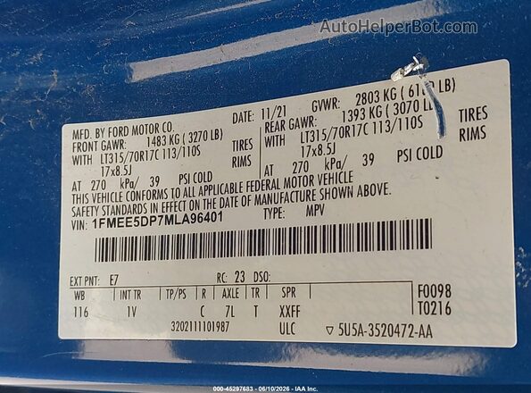 1FMEE5DP7MLA96401 2021 FORD BRONCO Blue Շարժիչի բաժամունքի տեսք