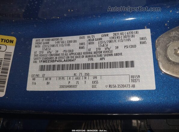 1FMEE9BP4SLA69647 2025 FORD BRONCO Blue Շարժիչի բաժամունքի տեսք