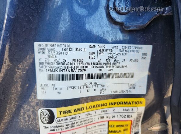 1FMJK1HT3NEA17576 2022 FORD EXPEDITION Blue 