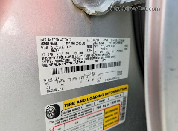 1FMJK1HT7KEA71491 2019 FORD EXPEDITION Silver VIN sticker view