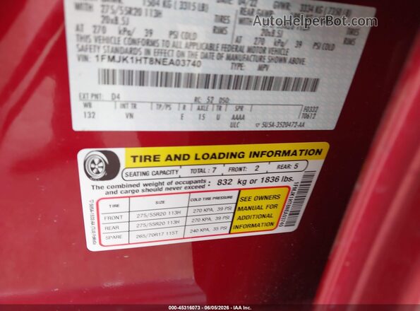 1FMJK1HT8NEA03740 2022 FORD EXPEDITION Red VIN sticker view
