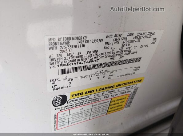 1FMJK1HTXJEA66767 2018 FORD EXPEDITION MAX White 