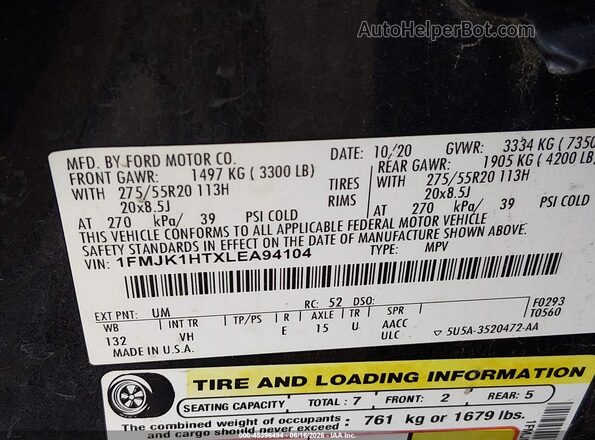 1FMJK1HTXLEA94104 2020 FORD EXPEDITION Black Engine compartment view