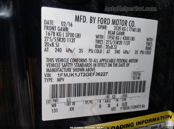 1FMJK1JT2GEF36227 2016 FORD EXPEDITION EL Black Engine compartment view