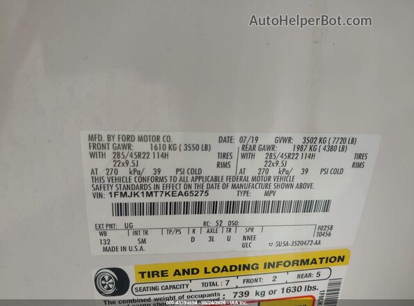 1FMJK1MT7KEA65275 2019 FORD EXPEDITION MAX White Widok komory silnika