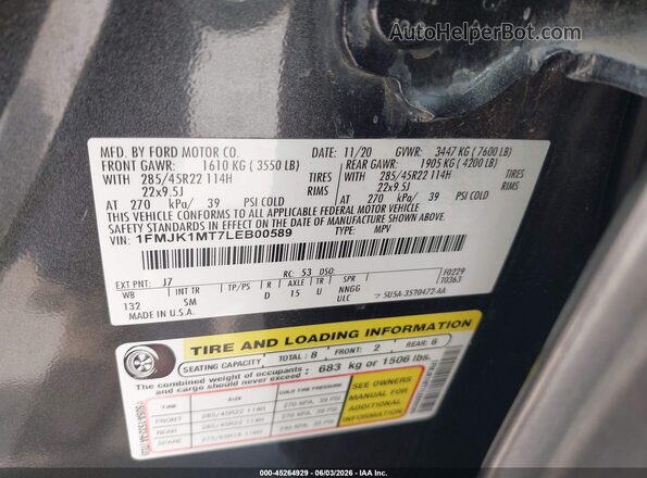 1FMJK1MT7LEB00589 2020 FORD EXPEDITION Gray Vista del compartimento del motor