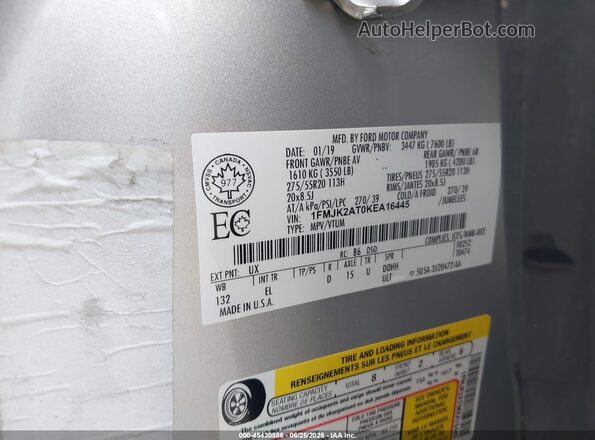 1FMJK2AT0KEA16445 2019 FORD EXPEDITION MAX Silver Widok komory silnika