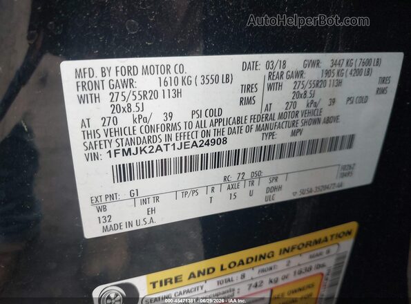 1FMJK2AT1JEA24908 2018 FORD EXPEDITION MAX Black Vista del compartimento del motor