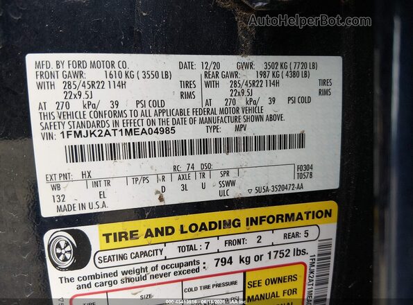 1FMJK2AT1MEA04985 2021 FORD EXPEDITION Black Engine compartment view