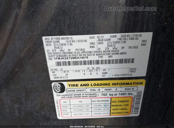 1FMJK2AT2MEA14019 2021 FORD EXPEDITION Gray ძრავის განყოფილების ხედი