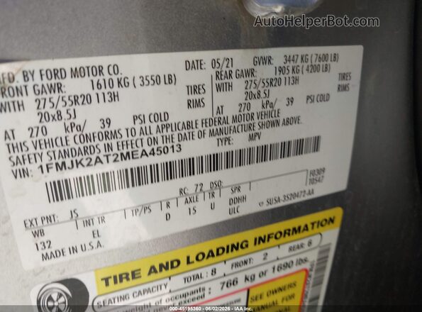 1FMJK2AT2MEA45013 2021 FORD EXPEDITION Silver Շարժիչի բաժամունքի տեսք