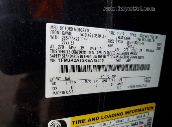 1FMJK2AT3KEA18545 2019 FORD EXPEDITION Black Widok naklejki z numerem VIN