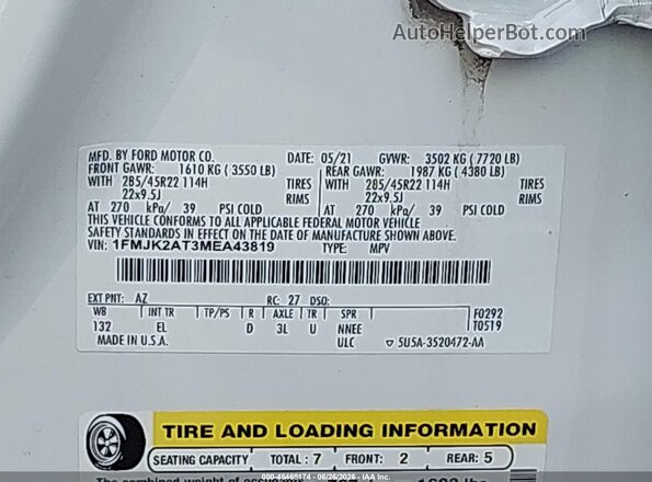 1FMJK2AT3MEA43819 2021 FORD EXPEDITION White Вид підкапотного простору