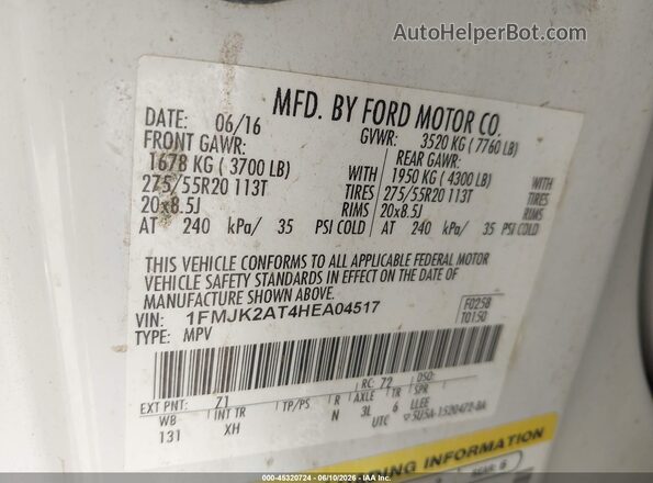 1FMJK2AT4HEA04517 2017 FORD EXPEDITION EL Белый Вид подкапотного пространства