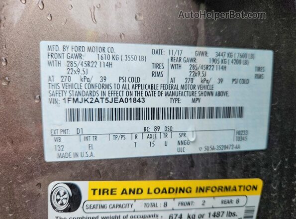 1FMJK2AT5JEA01843 2018 FORD EXPEDITION Tan VIN კოდის სტიკერის ხედი