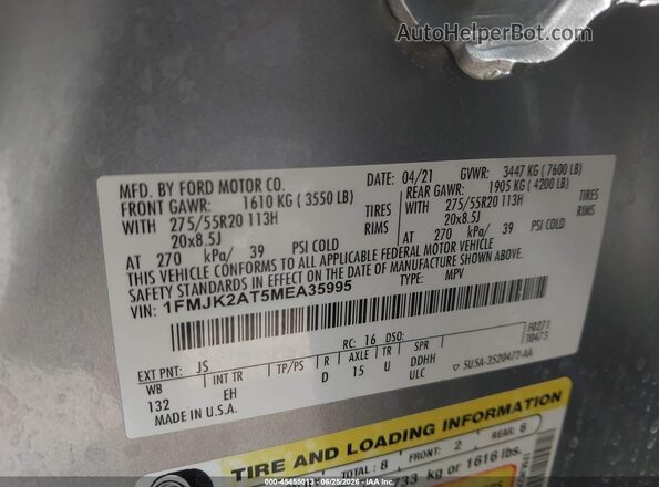 1FMJK2AT5MEA35995 2021 FORD EXPEDITION Silver Շարժիչի բաժամունքի տեսք