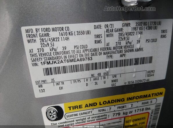 1FMJK2AT6MEA69783 2021 FORD EXPEDITION Silver ძრავის განყოფილების ხედი