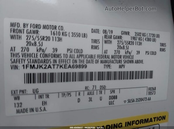 1FMJK2AT7KEA69899 2019 FORD EXPEDITION MAX White Engine compartment view