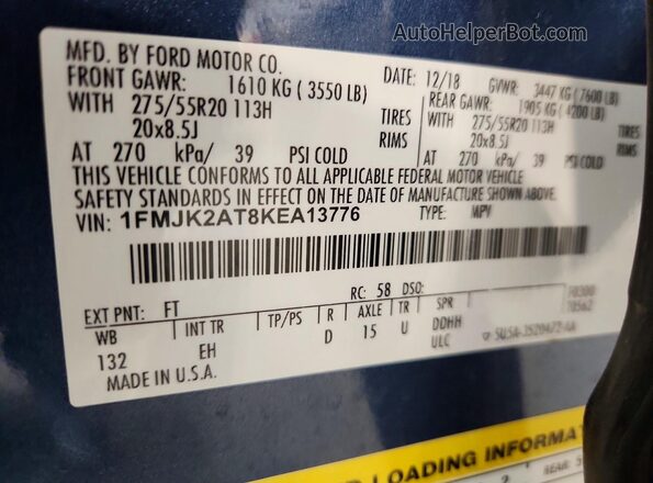 1FMJK2AT8KEA13776 2019 FORD EXPEDITION Blue VIN კოდის სტიკერის ხედი