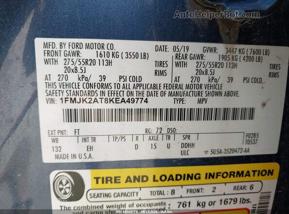 1FMJK2AT8KEA49774 2019 FORD EXPEDITION MAX Blue Vista del compartimento del motor