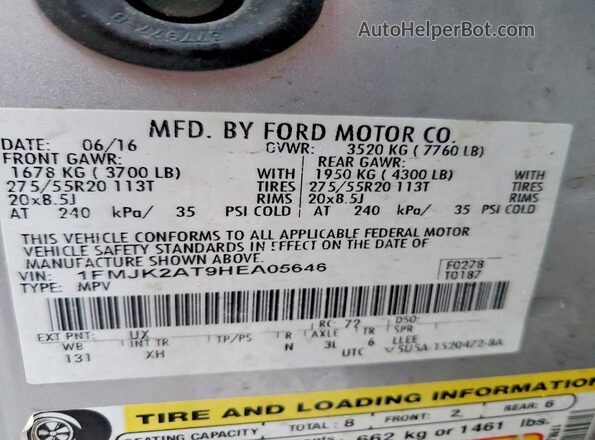 1FMJK2AT9HEA05646 2017 FORD EXPEDITION Silver Vista de la etiqueta del VIN