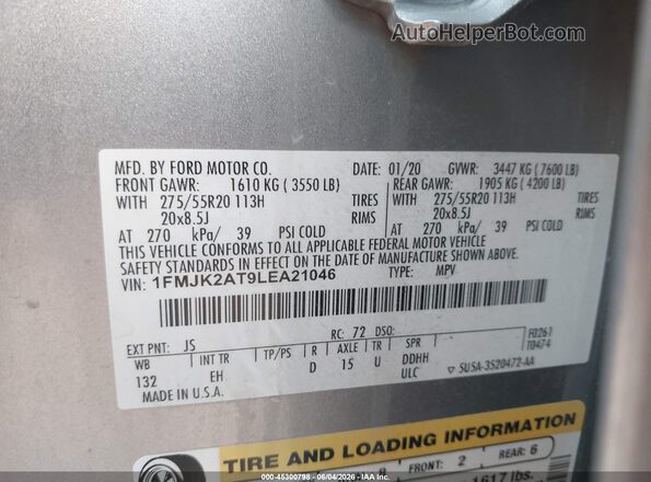 1FMJK2AT9LEA21046 2020 FORD EXPEDITION Silver Вид підкапотного простору