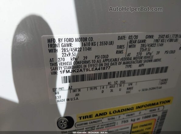 1FMJK2AT9LEA41877 2020 FORD EXPEDITION Белый Вид подкапотного пространства