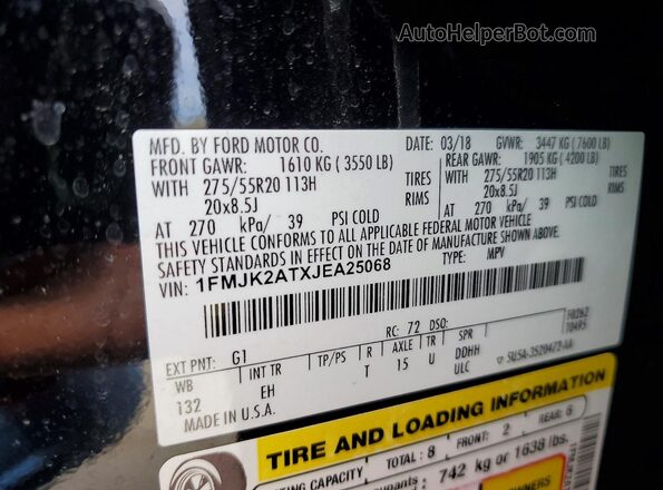 1FMJK2ATXJEA25068 2018 FORD EXPEDITION Черный Вид наклейки с VIN-кодом