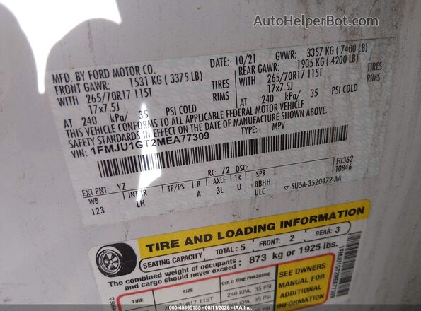 1FMJU1GT2MEA77309 2021 FORD EXPEDITION White Widok komory silnika