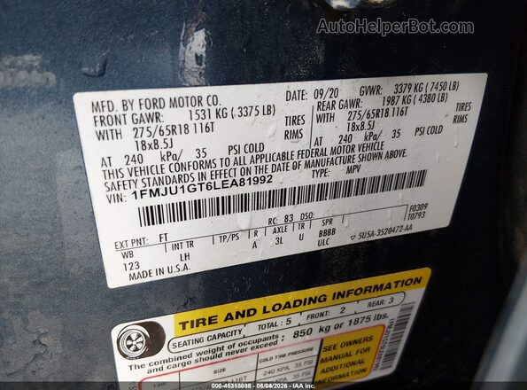 1FMJU1GT6LEA81992 2020 FORD EXPEDITION Blue Engine compartment view