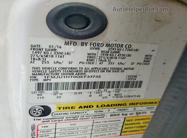 1FMJU1HT0GEF33732 2016 FORD EXPEDITION White 