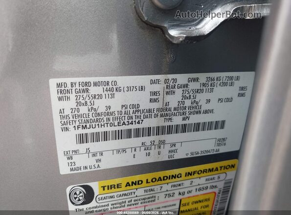1FMJU1HT0LEA34147 2020 FORD EXPEDITION Серебряный Вид подкапотного пространства