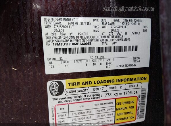 1FMJU1HT0MEA60958 2021 FORD EXPEDITION Burgundy Vista del compartimento del motor