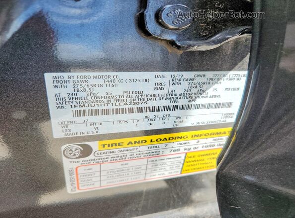 1FMJU1HT1LEA23075 2020 FORD EXPEDITION Gray VIN sticker view