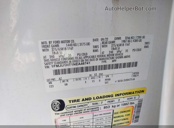 1FMJU1HT1NEA48741 2022 FORD EXPEDITION Белый Вид подкапотного пространства
