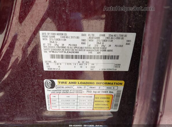 1FMJU1HT3LEA28388 2020 FORD EXPEDITION Burgundy Widok komory silnika