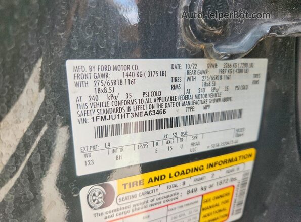 1FMJU1HT3NEA63466 2022 FORD EXPEDITION Green Widok naklejki z numerem VIN