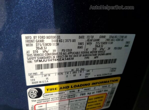 1FMJU1HT6KEA14838 2019 FORD EXPEDITION Blue 