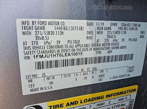 1FMJU1HT6LEA10015 2020 FORD EXPEDITION Silver VIN կոդի պիտակի տեսք