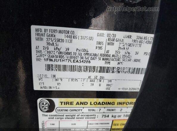 1FMJU1HT7LEA34288 2020 FORD EXPEDITION Black ძრავის განყოფილების ხედი