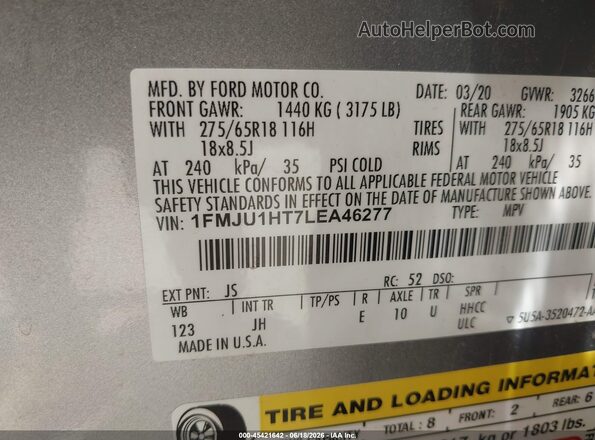 1FMJU1HT7LEA46277 2020 FORD EXPEDITION Silver Շարժիչի բաժամունքի տեսք