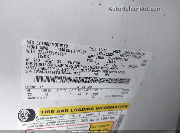 1FMJU1HT8JEA06075 2018 FORD EXPEDITION Белый Вид подкапотного пространства
