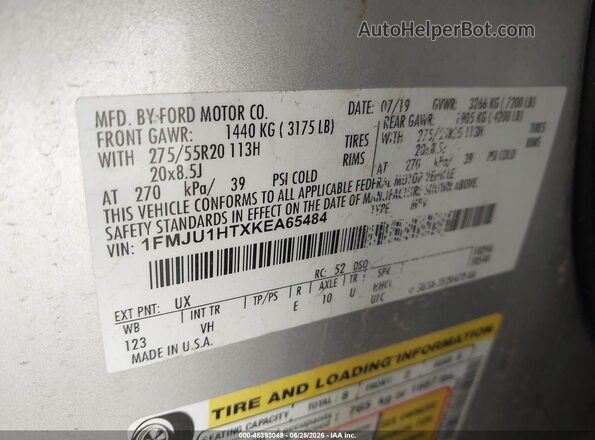 1FMJU1HTXKEA65484 2019 FORD EXPEDITION Silver Widok komory silnika
