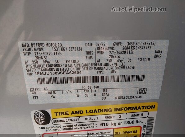 1FMJU1J89SEA62694 2025 FORD EXPEDITION Silver Vista del compartimento del motor