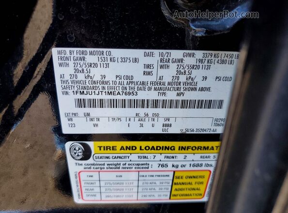 1FMJU1JT1MEA76953 2021 FORD EXPEDITION Black Vista de la etiqueta del VIN