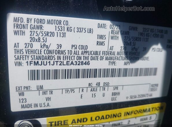 1FMJU1JT2LEA32846 2020 FORD EXPEDITION Black Vista del compartimento del motor