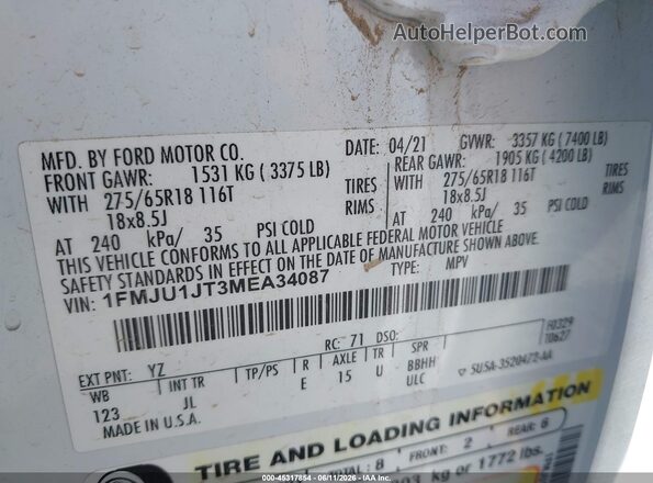 1FMJU1JT3MEA34087 2021 FORD EXPEDITION White Вид підкапотного простору